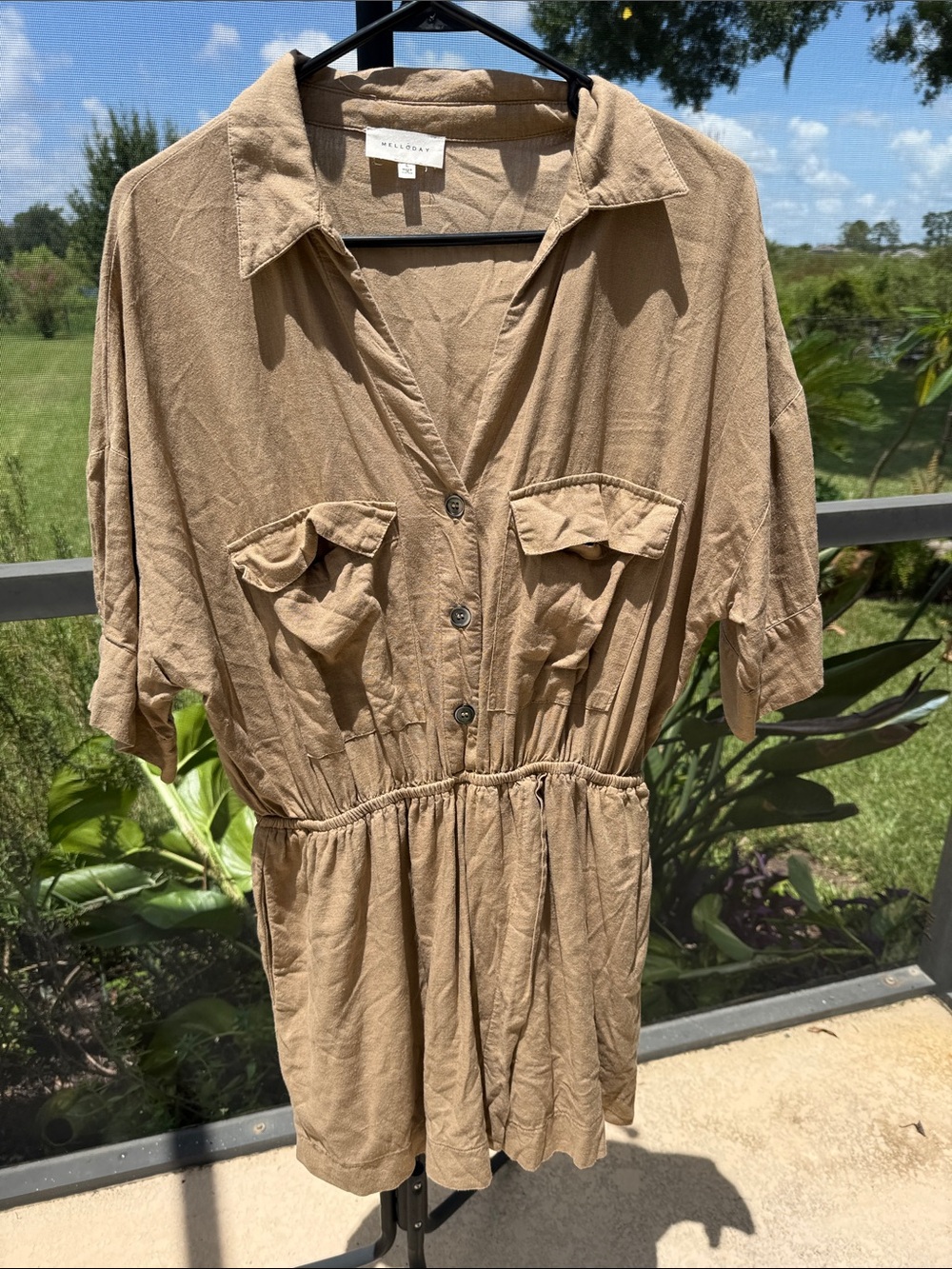 MELLODAY Tan Button-Front Elastic-Waist Romper with Chest Pockets
